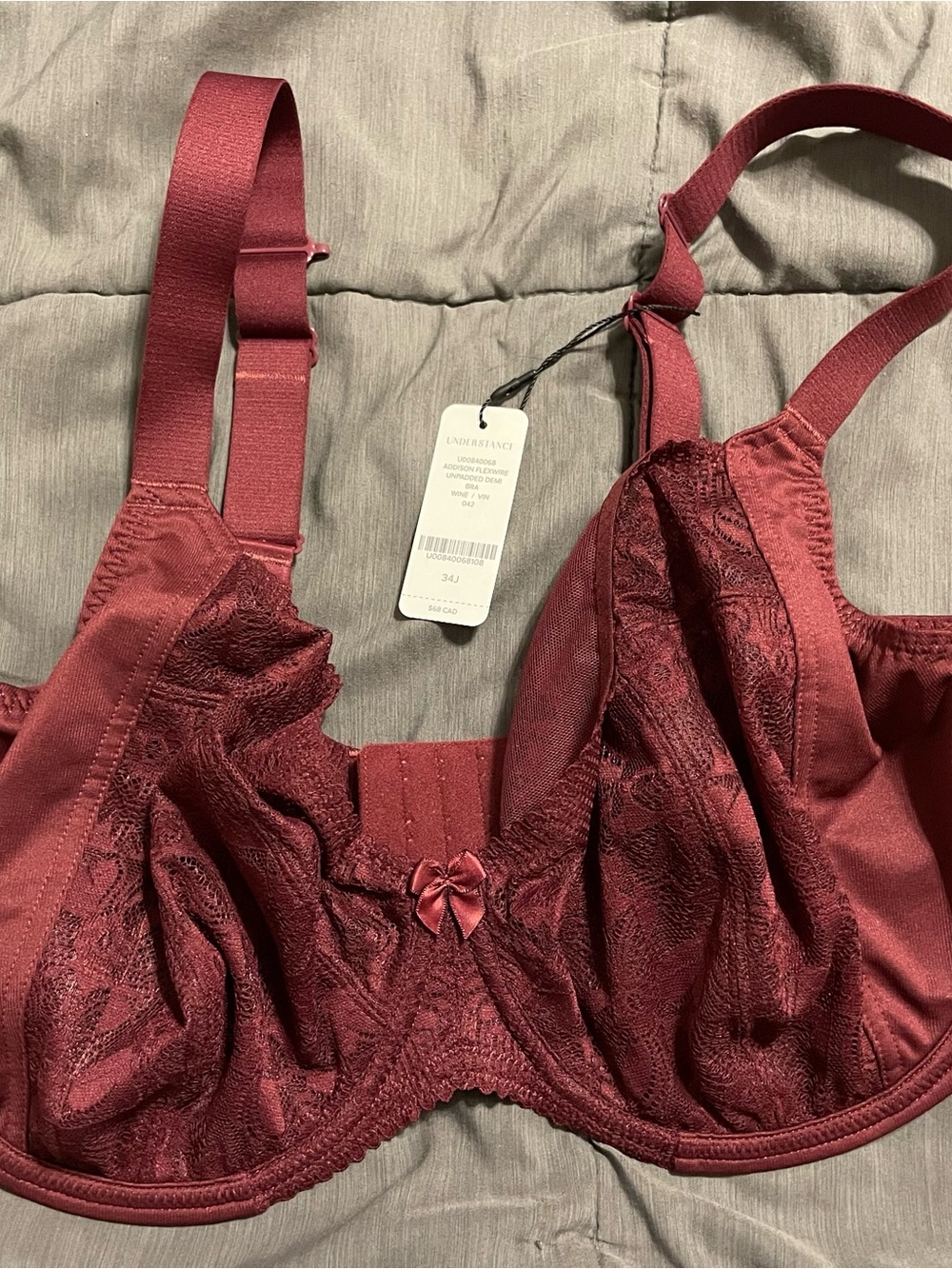 Lace Underwire Bra in Deep Wine with Bow Accent